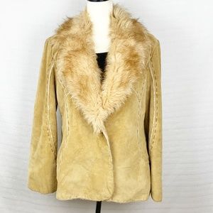 Guess Suede Leather Jacket with Faux Fur Trim in Tan